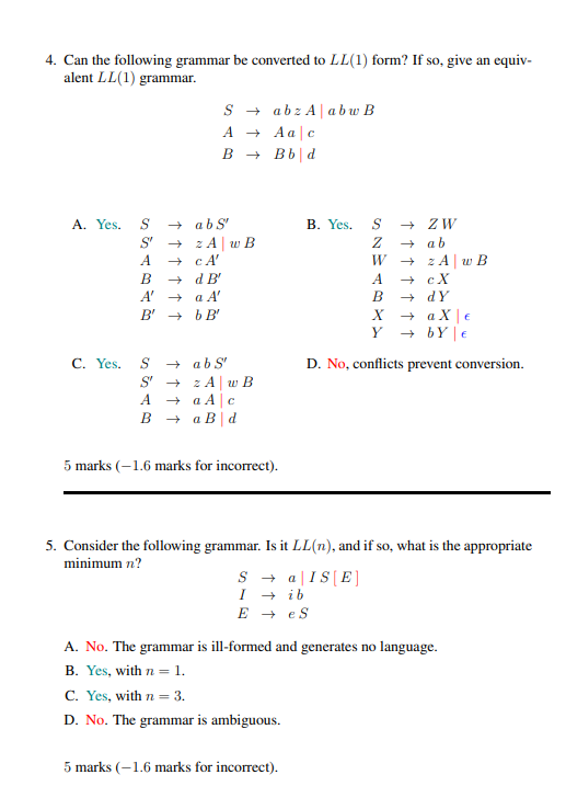 Can the following grammar be converted to L L ( 1