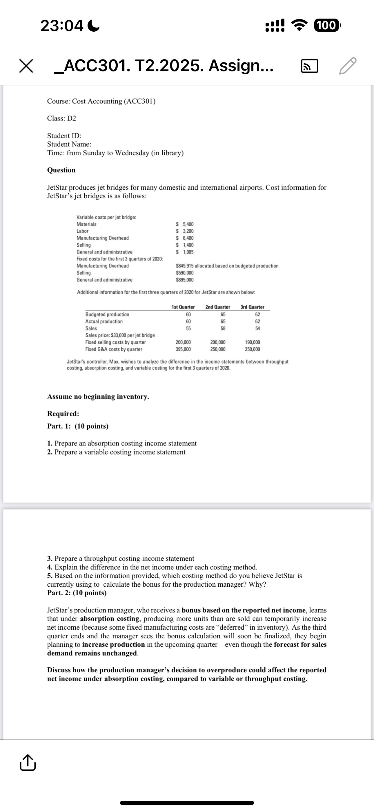 Class: D 2 Student ID: Student Name: Time: from