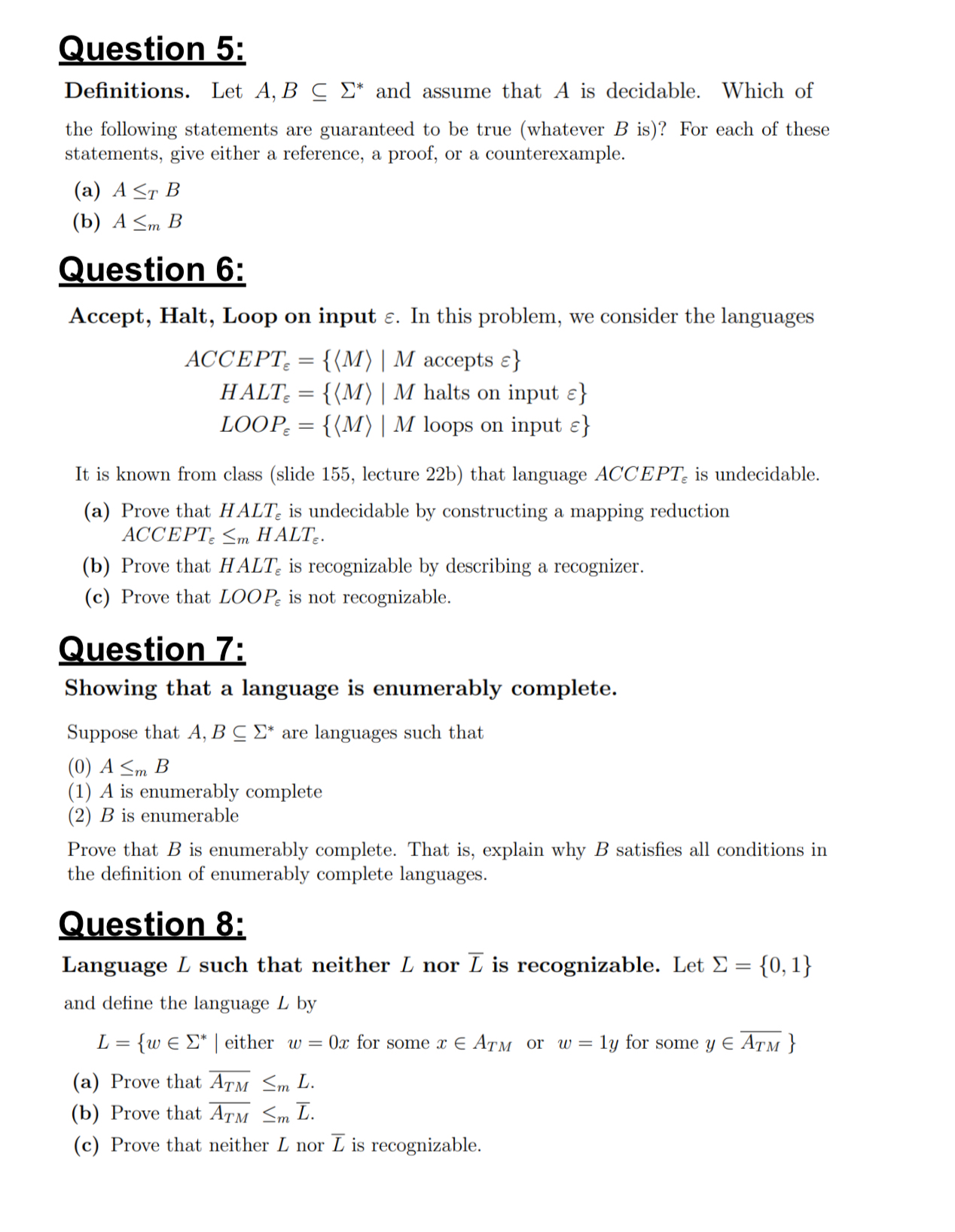 Question 5 : Definitions. Let A , Bsube * * and