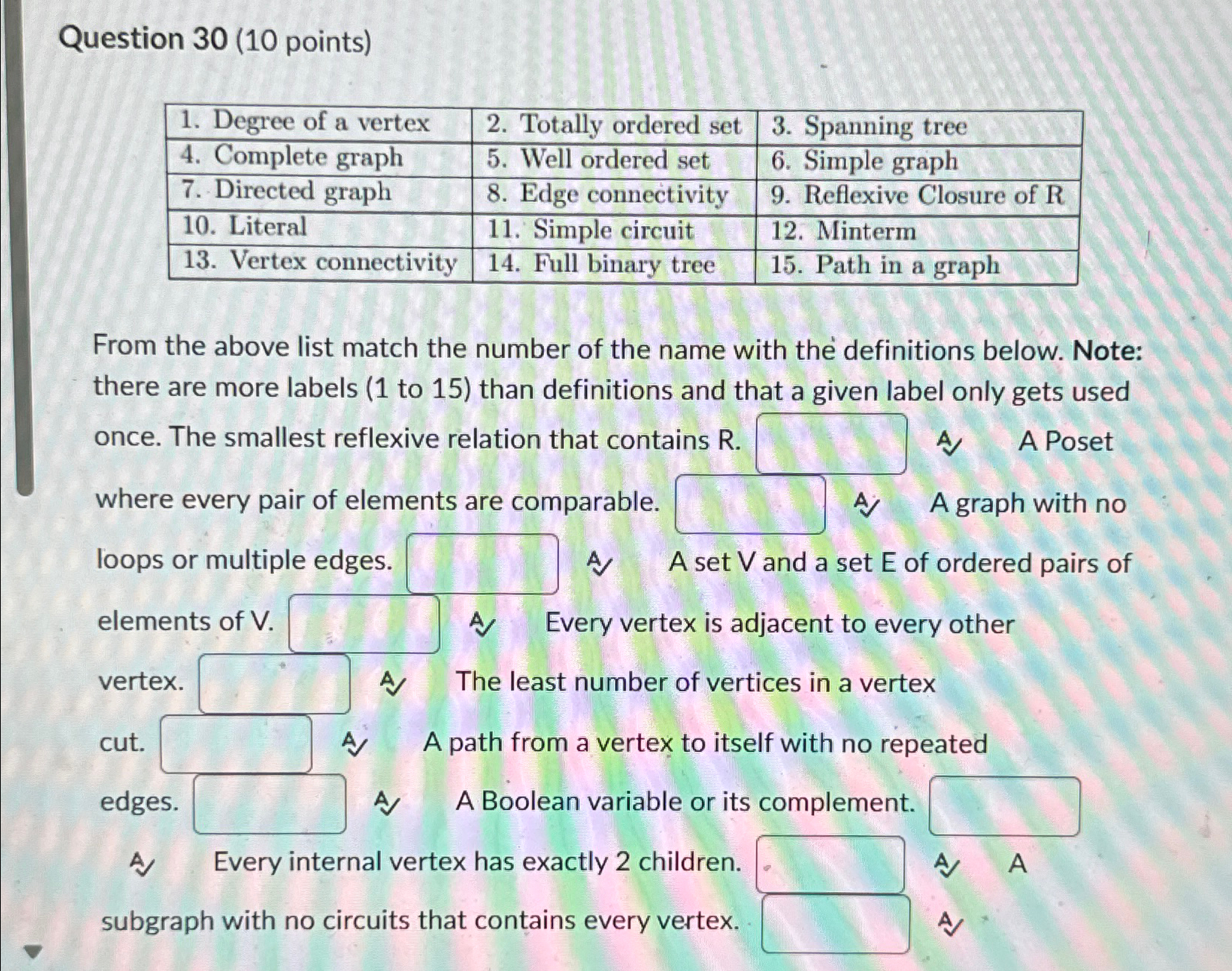 Question 3 0 ( 1 0 points ) \ table [ [ 1 .
