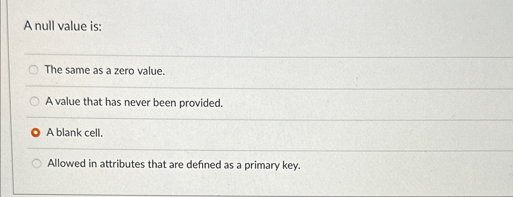 A null value is: The same as a zero value. A