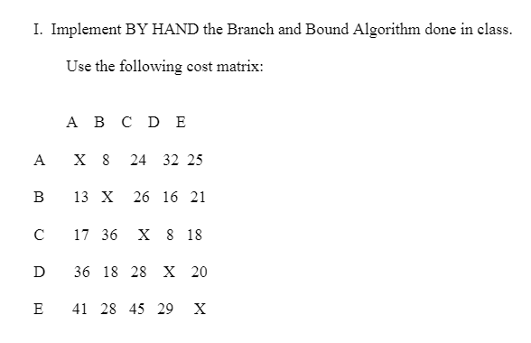 I. Implement BY HAND the Branch and Bound