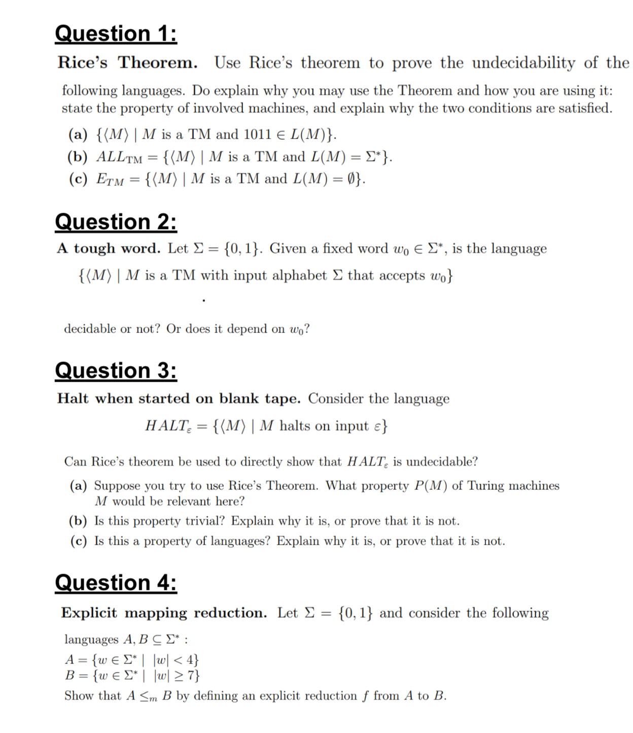 Question 1 : Rice's Theorem. Use Rice's theorem