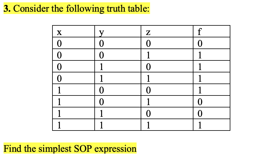 Consider the following truth table: Find the