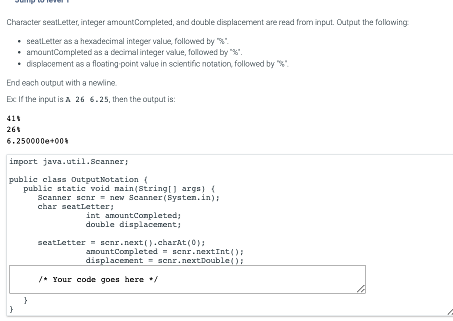 Character seatLetter, integer amountCompleted,