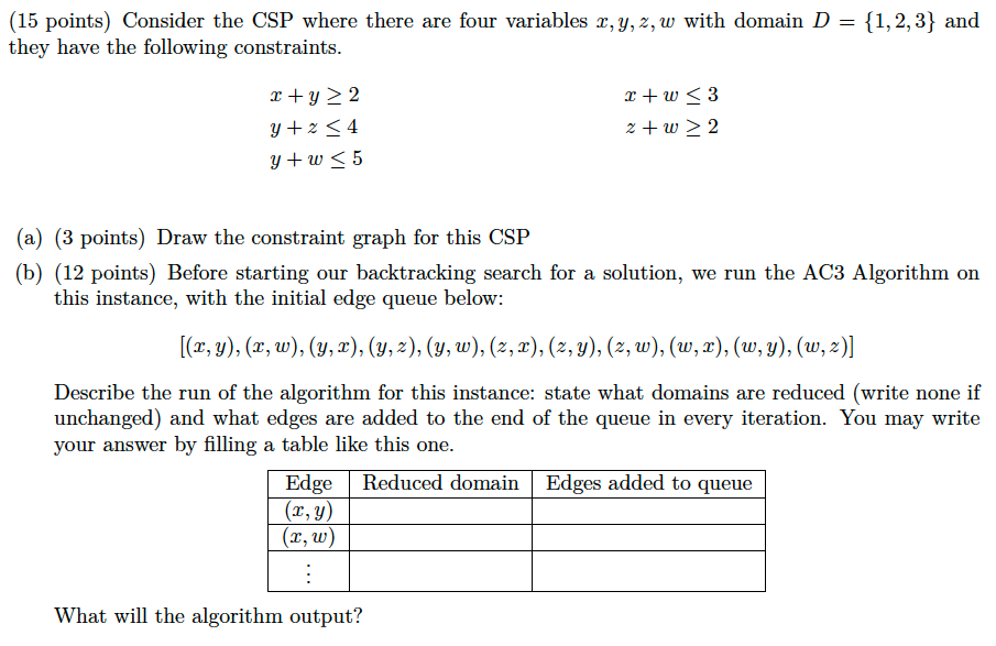 ( 1 5 points ) Consider the CSP where there are