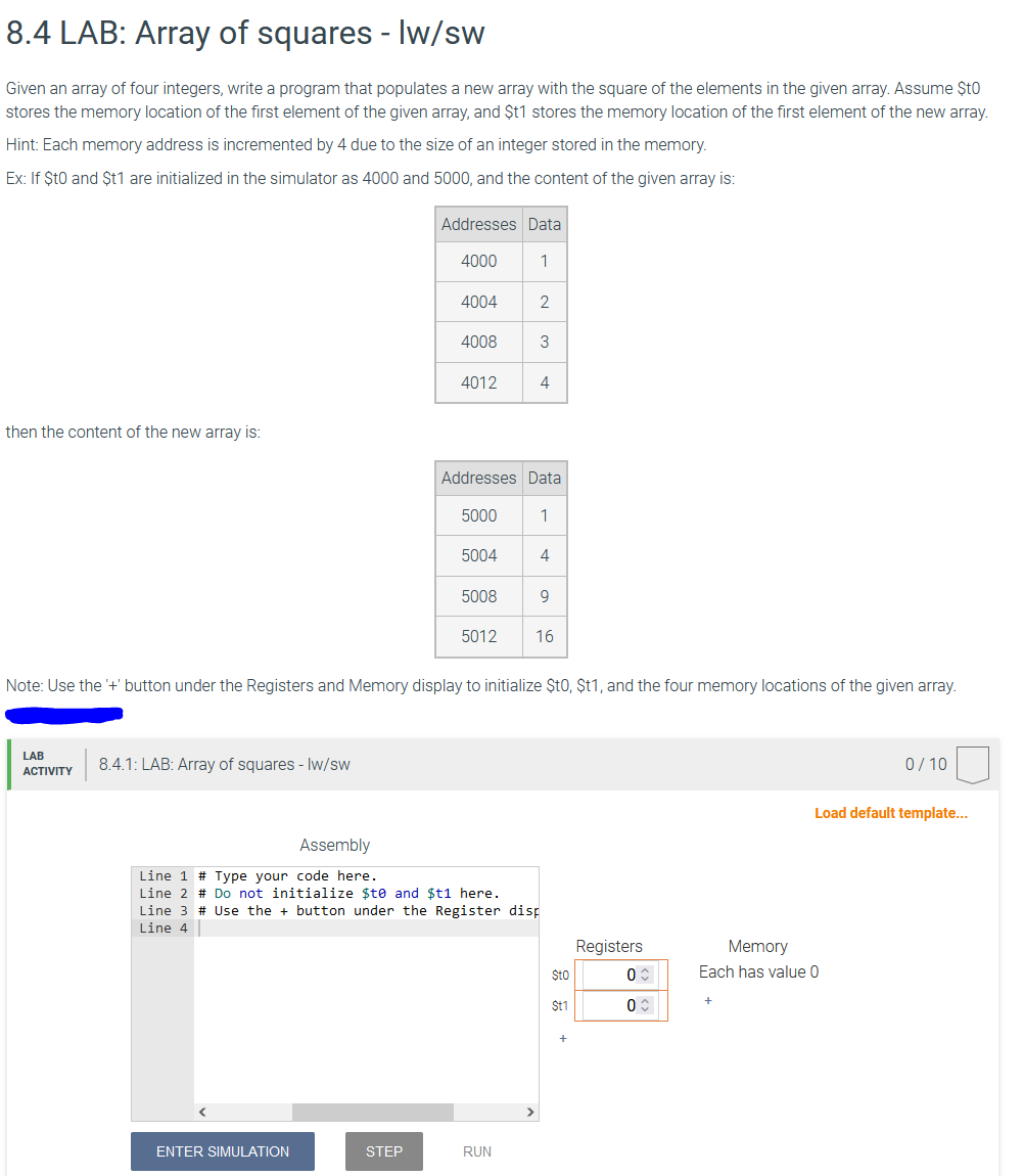 Please provide code and the values for $t 0 and