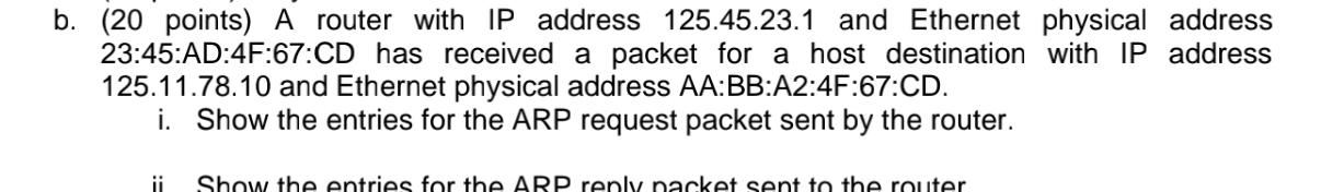 b . ( 2 0 points ) A router with IP address 1 2 5