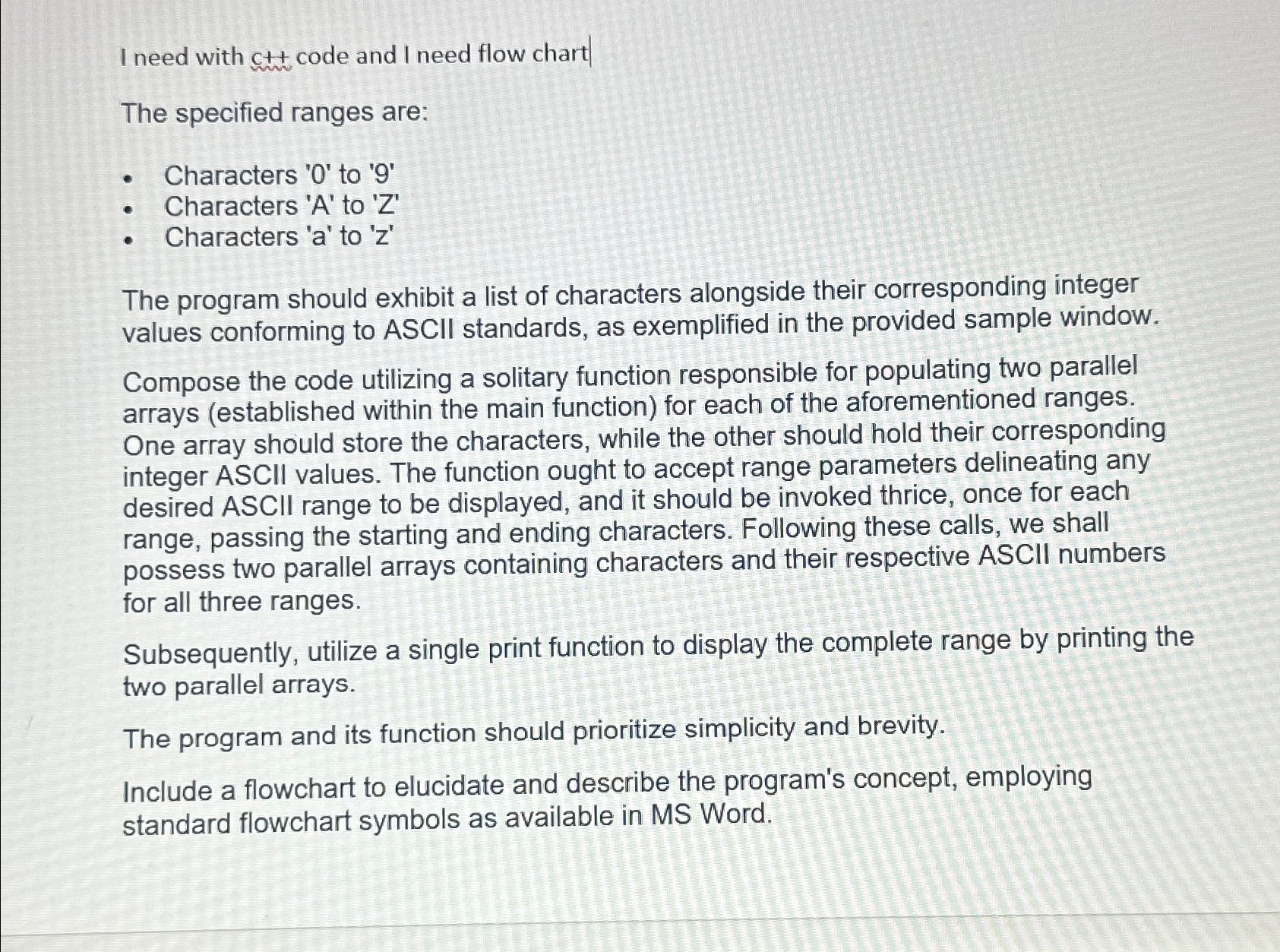 I need with c + + code and I need flow chart and
