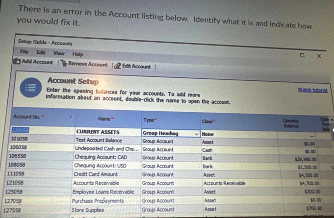 There is an error in the Account listing below.