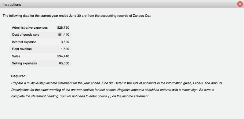 Instructions: The following data for the current
