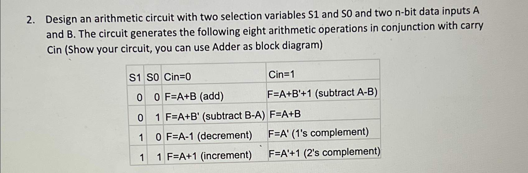 Design an arithmetic circuit with two selection