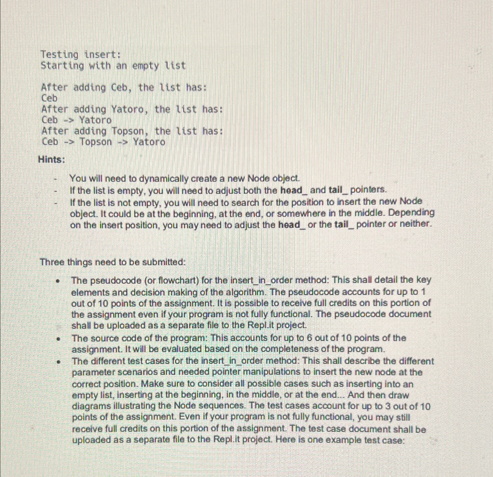 WTesting insert: Starting with an empty list