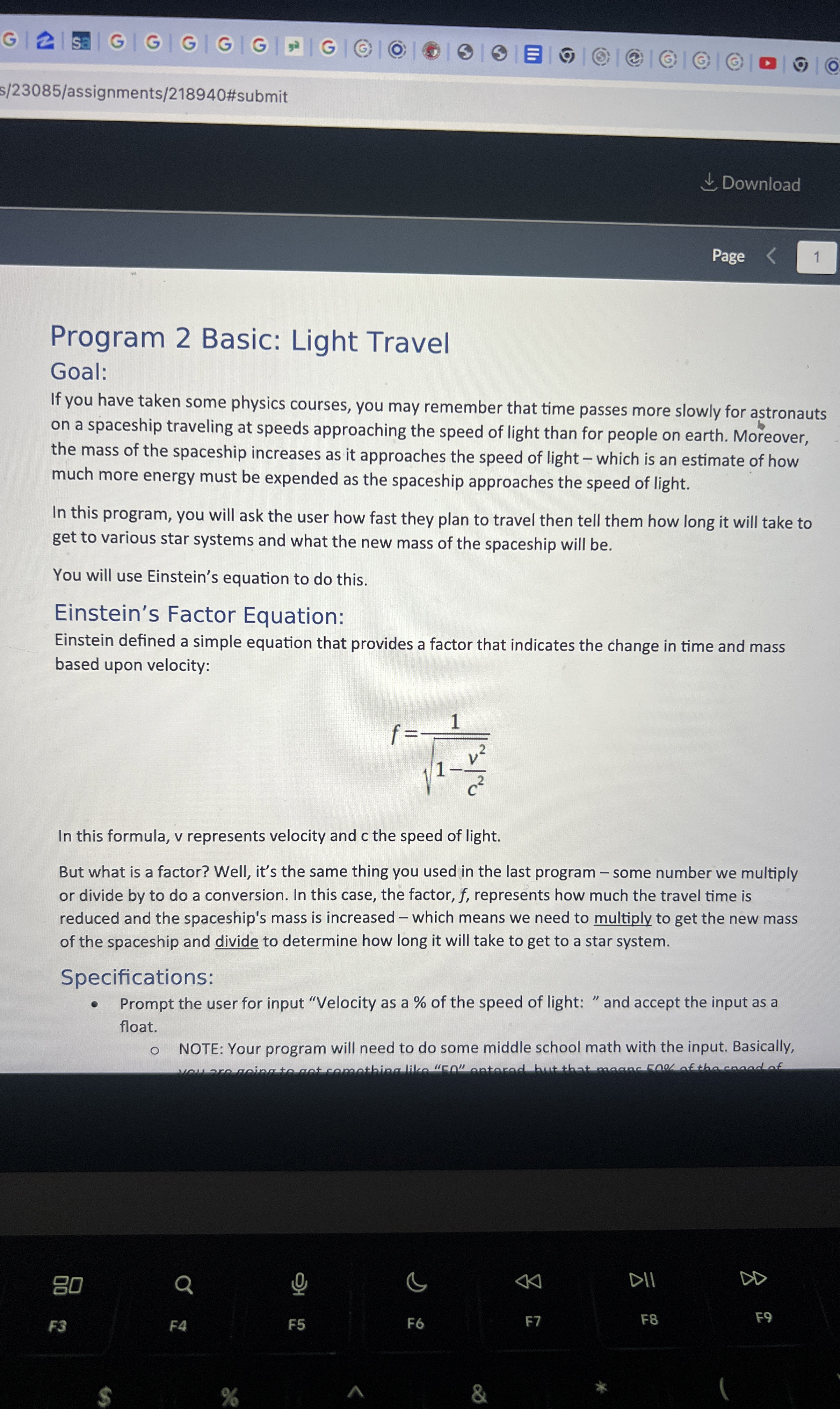 Program 2 Basic: Light Travel Goal: If you have