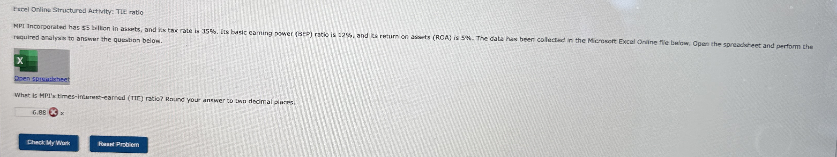 Excel Online Structured Activity: TIE ratio
