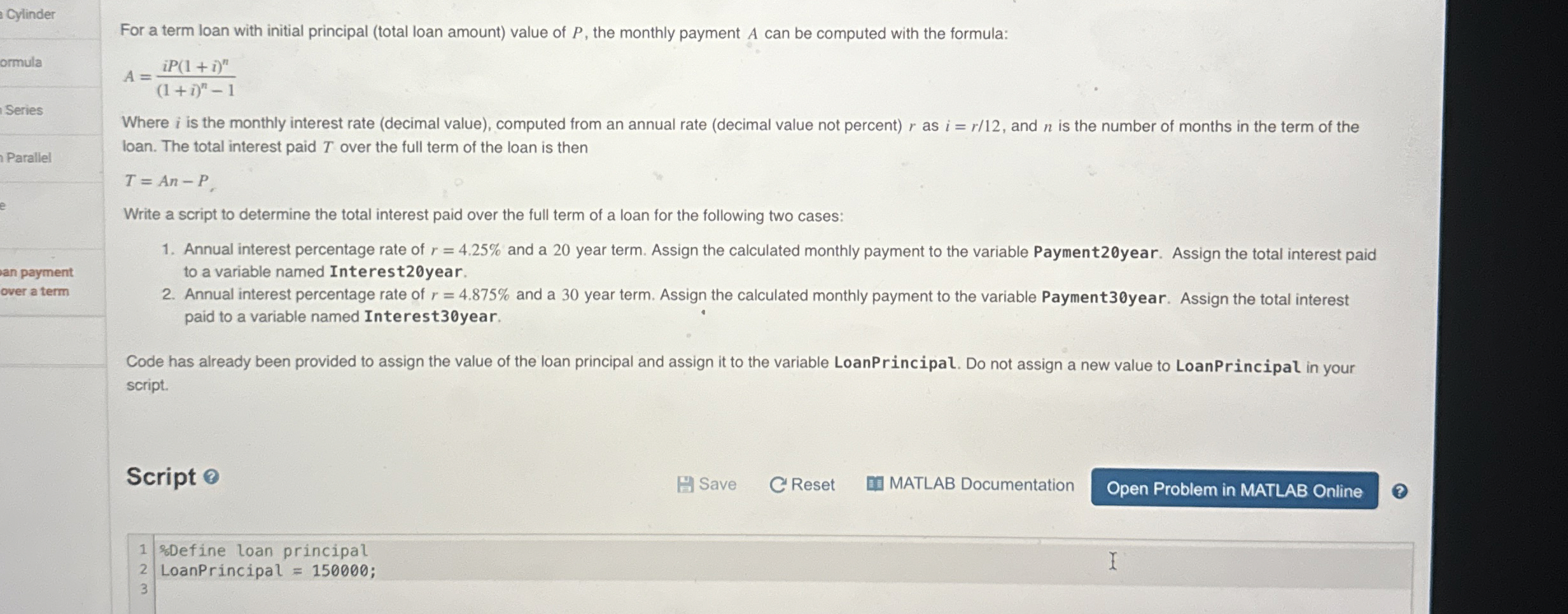 Cylinder For a term loan with initial principal (