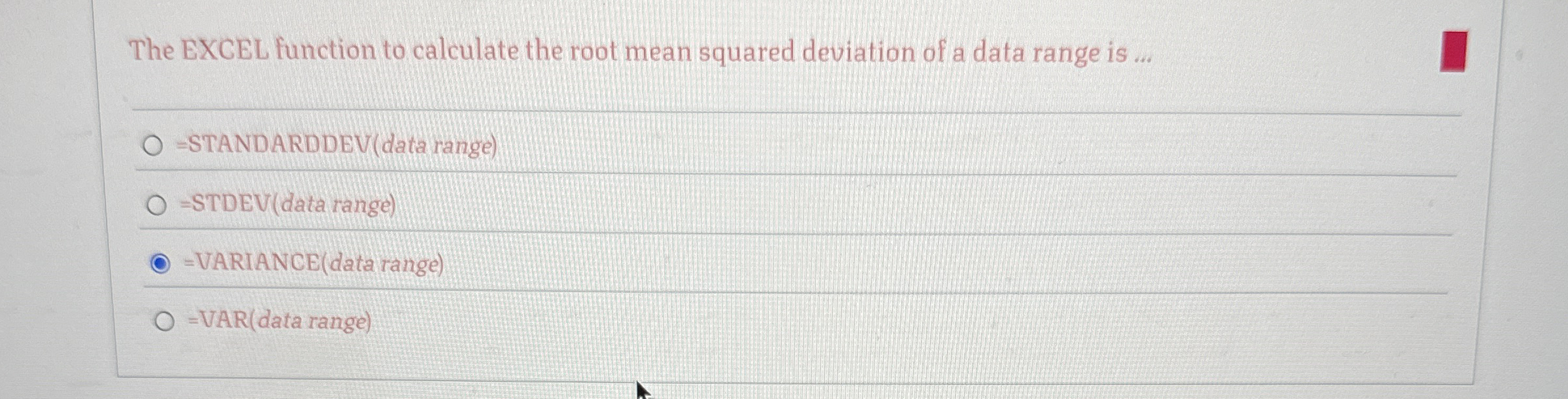 The EXCEL function to calculate the root mean