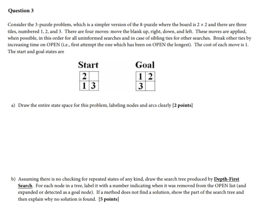 Question 3 Consider the 3 - puzzle problem, which