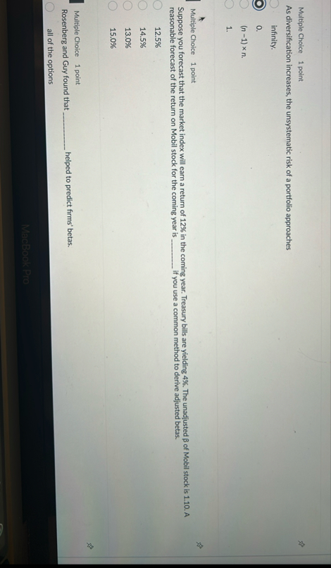 Multiple Choice 1 point As diversification