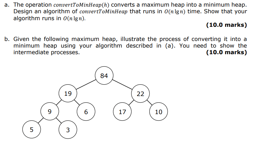 a . The operation convertToMinHeap ( h ) converts