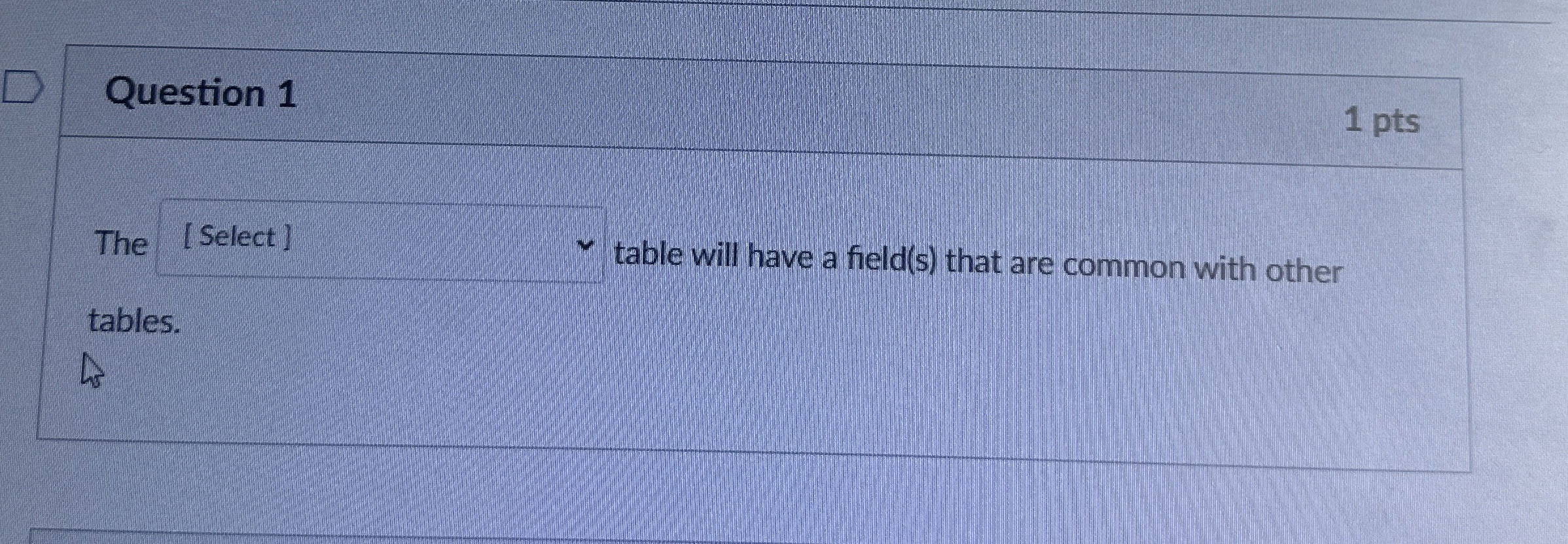 Question 1 1 pts The table will have a field ( s