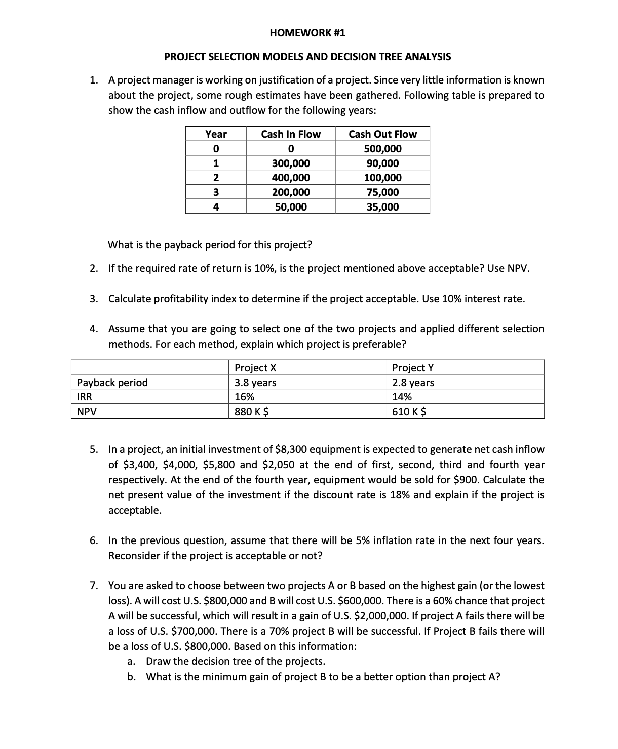 HOMEWORK # 1 PROJECT SELECTION MODELS AND