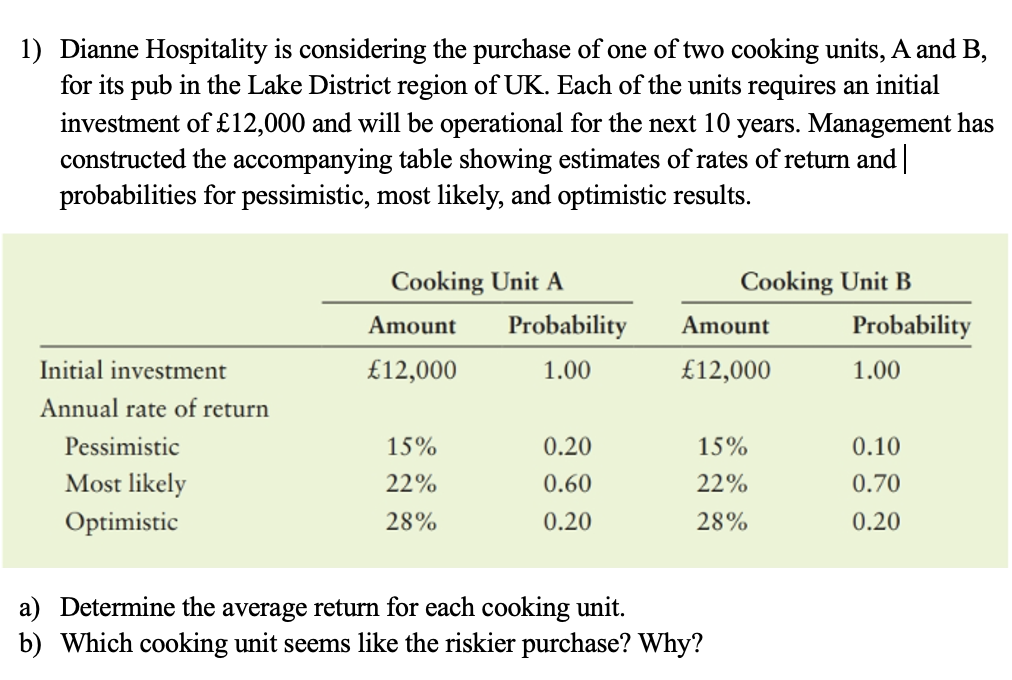 a ) Determine the average return for each cooking