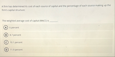 A firm has determined its cost of each source of