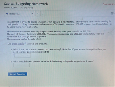 Capital Budgeting Homework Progress sam Score: 1