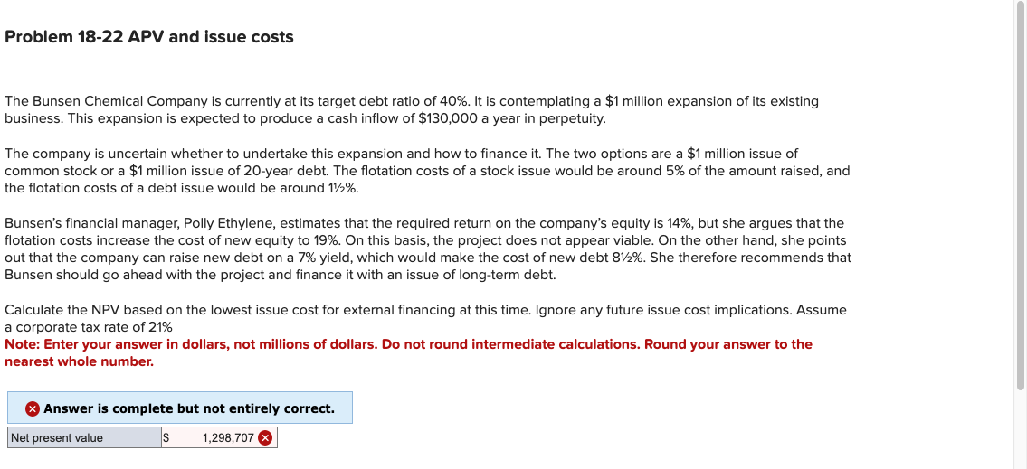 Problem 1 8 - 2 2 APV and issue costs The Bunsen
