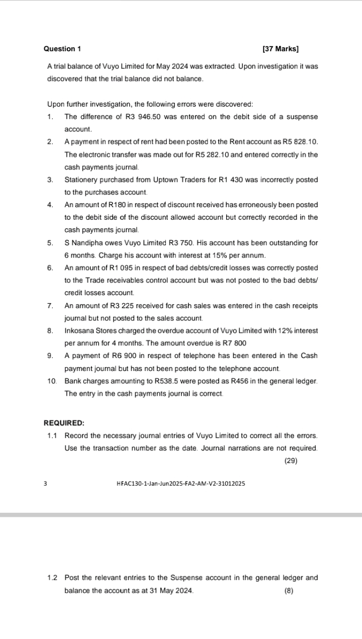 Question 1 [ 3 7 Marks ] A trial balance of Vuyo