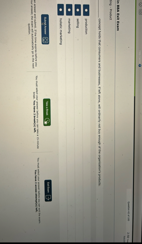 Question 4 2 of 1 0 0 2 : 5 0 Tm in BBA Exit Exam