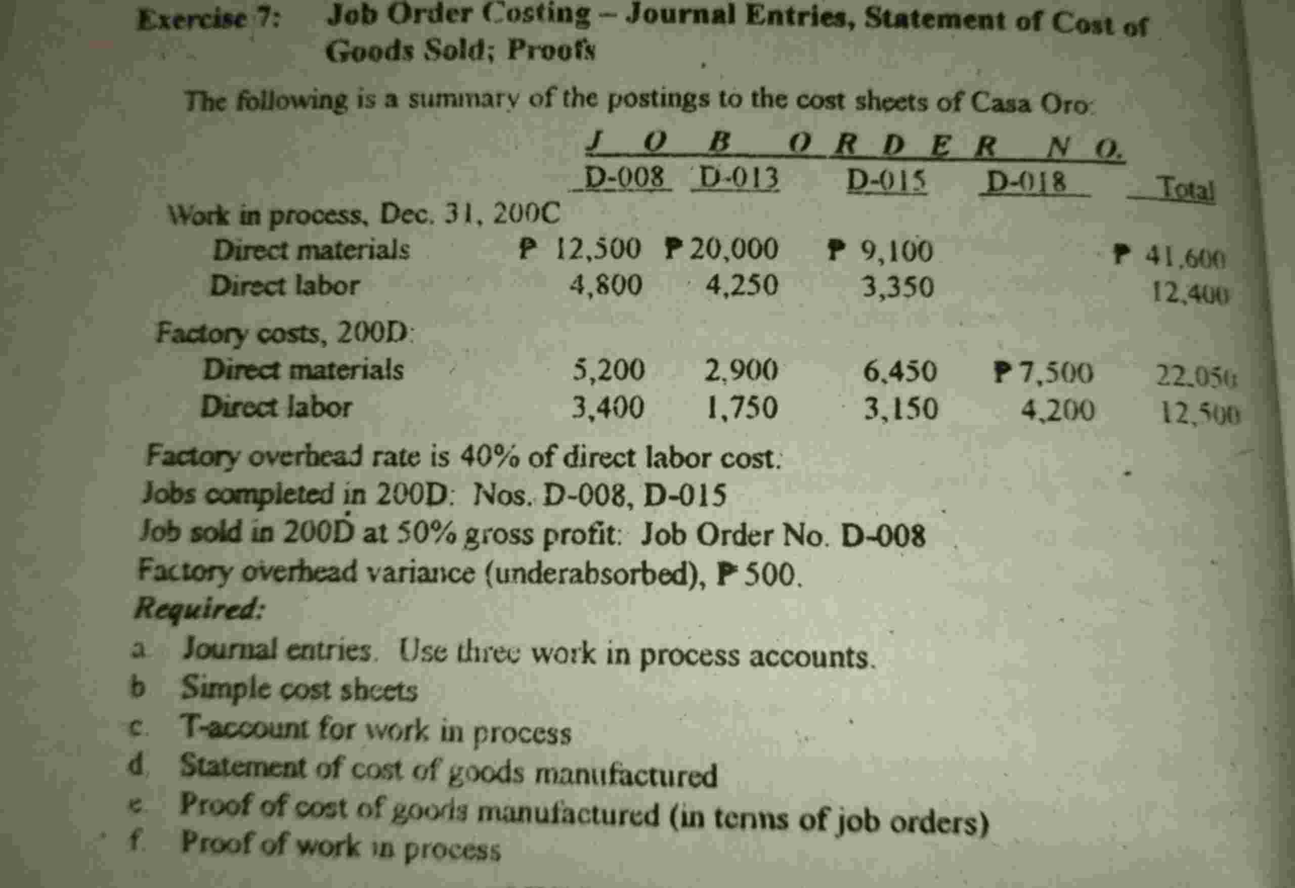 Exercise 7 : Job Order Costing - Journal Entries,