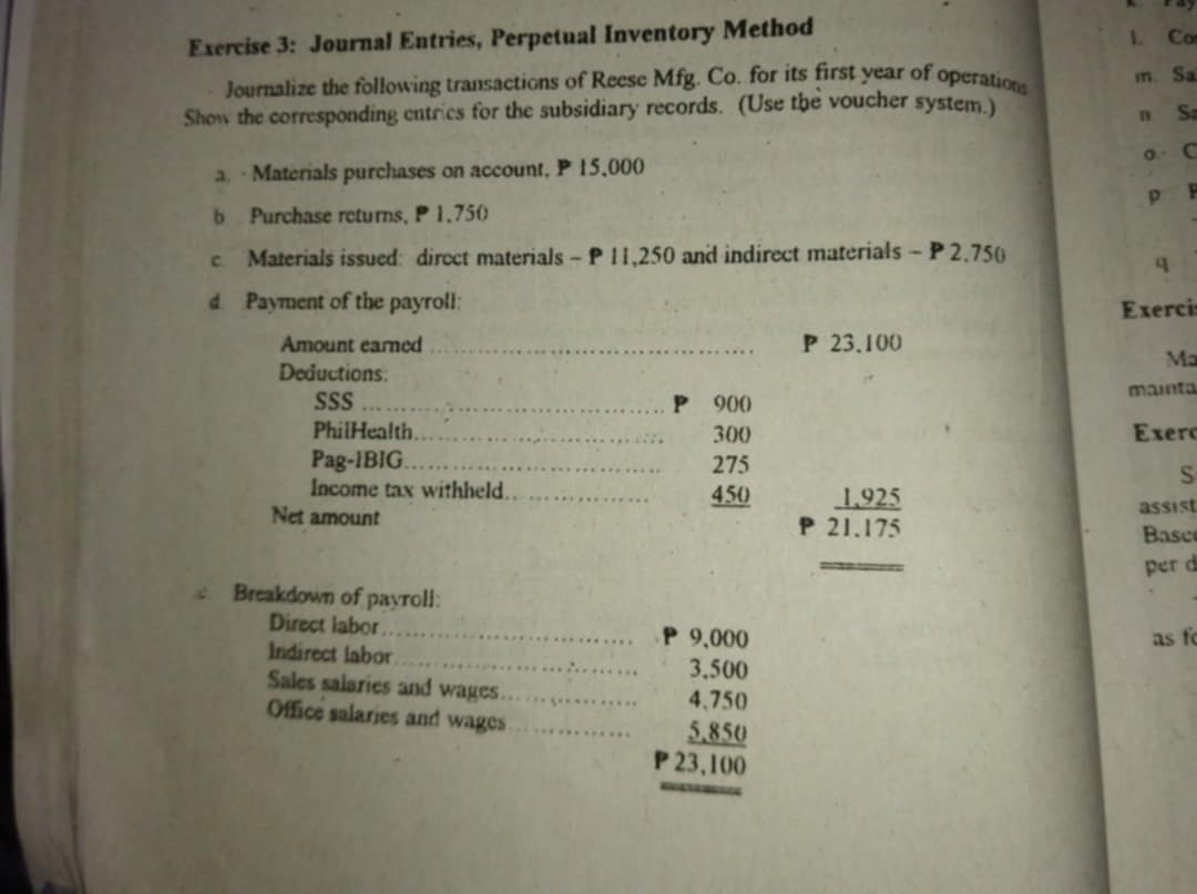 Exercise 3 : Journal Entries, Perpetual Inventory