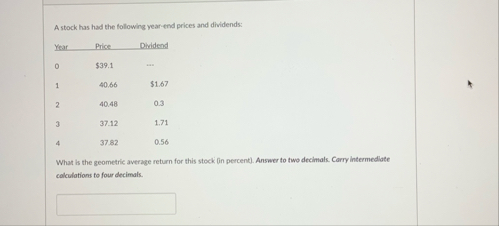A stock has had the following year - end prices