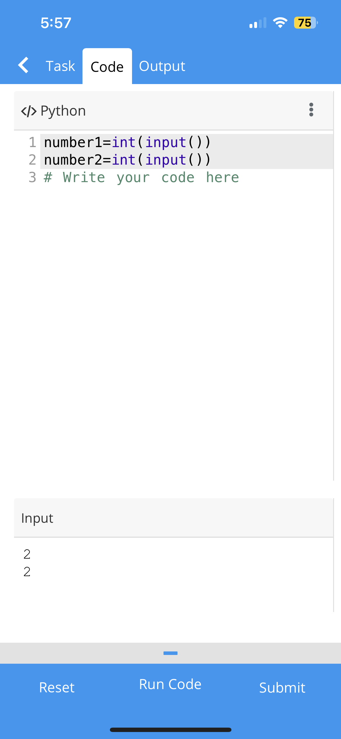 5 : 5 7 7 5 Task Code Output Python 1 number 1 =