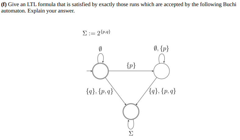 ( f ) Give an LTL formula that is satisfied by