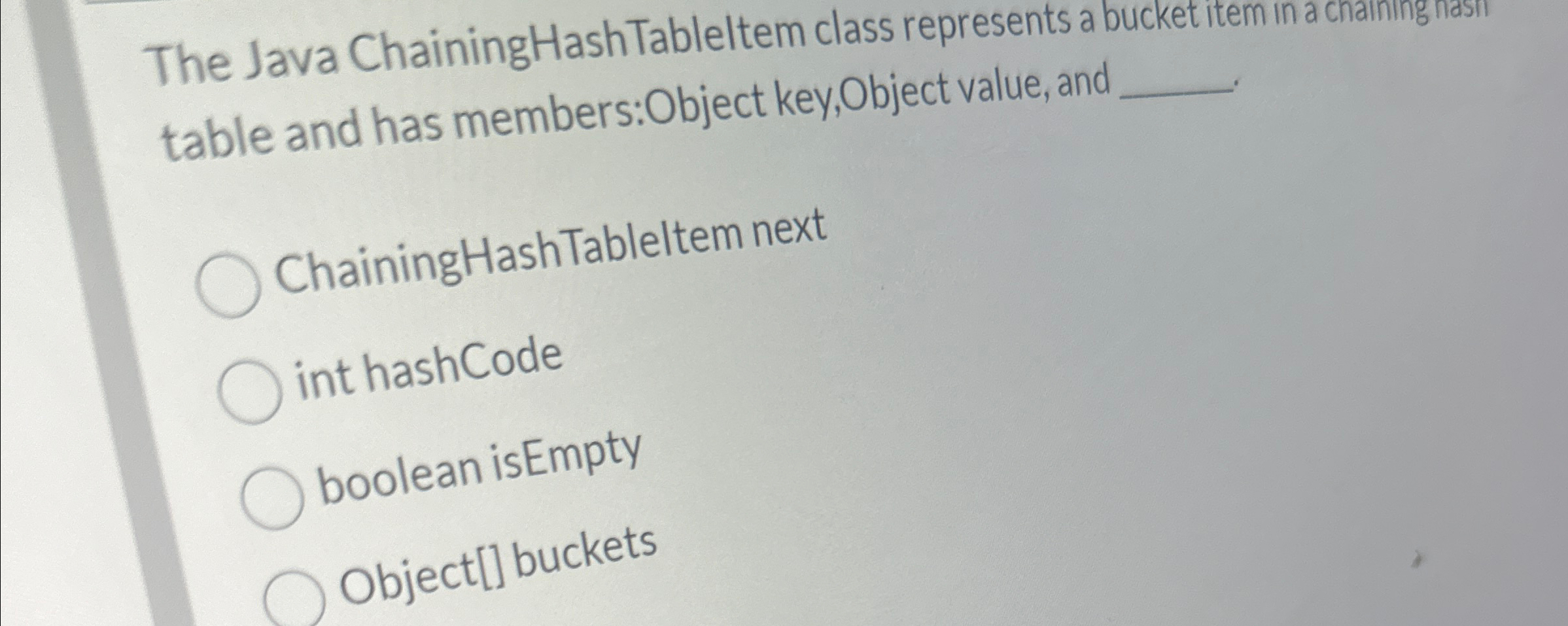 The Java ChainingHashTableltem class represents a
