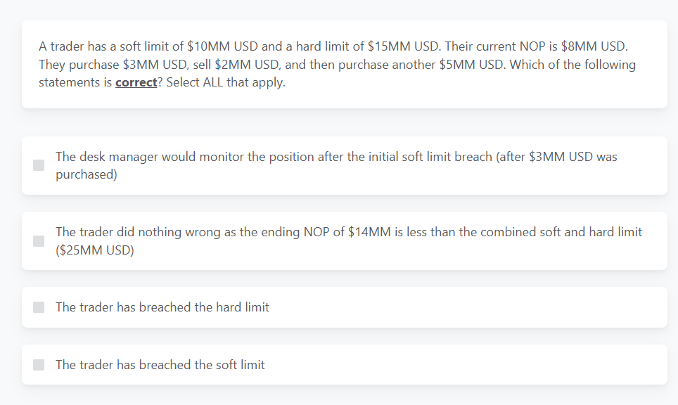 A trader has a soft limit of \ ( \ $ 1 0 \ mathrm