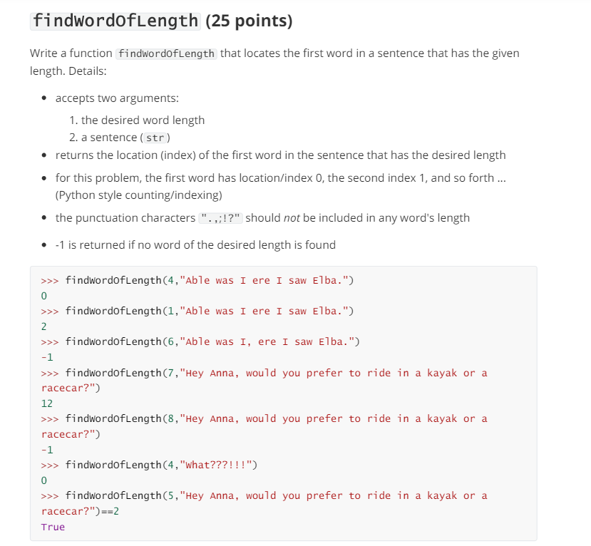 findwordofLength ( 2 5 points ) Write a function