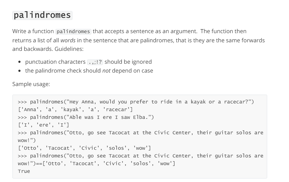 palindromes Write a function palindromes that