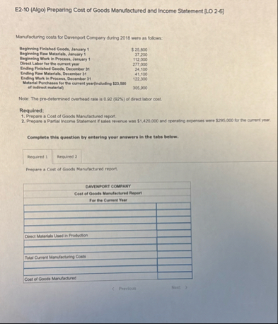 E 2 - 1 0 ( Algo ) Preparing Cost of Goods