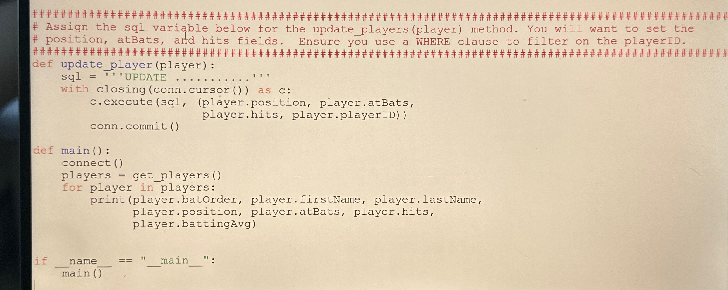 # Assign the sql variable below for the update _