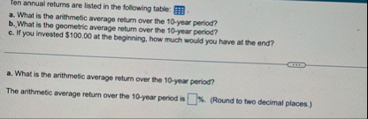 Answer A , B and C Ten annual returns are listed