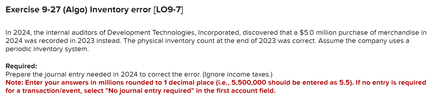 Exercise 9 - 2 7 ( Algo ) Inventory error [ LO 9