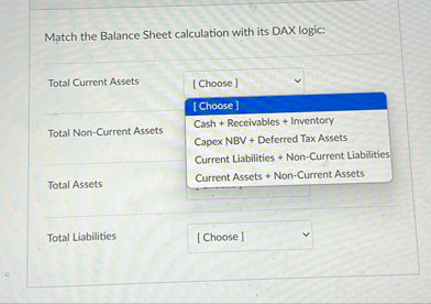 Match the Balance Sheet calculation with its DAX