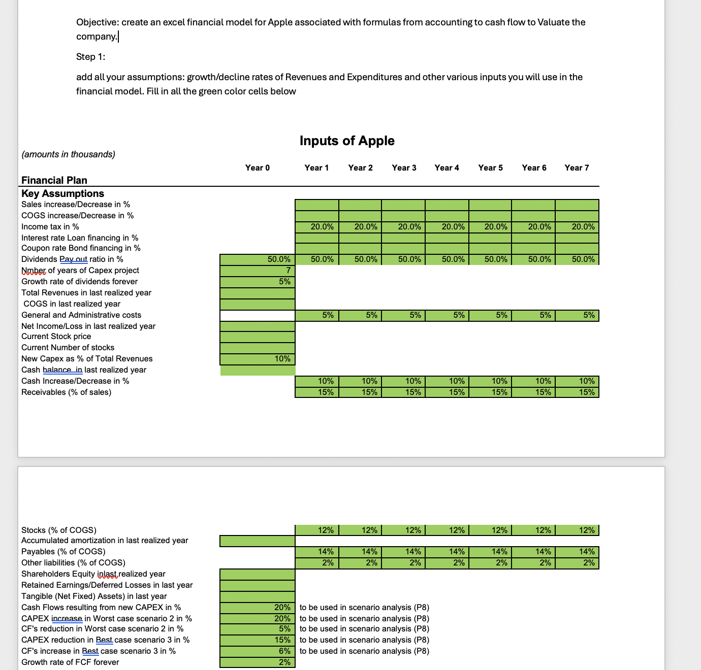 Objective: create an excel financial model for