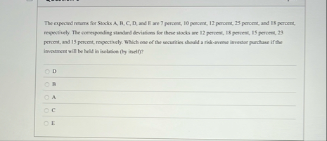 The expected returns for Stocks A , B , C , D ,