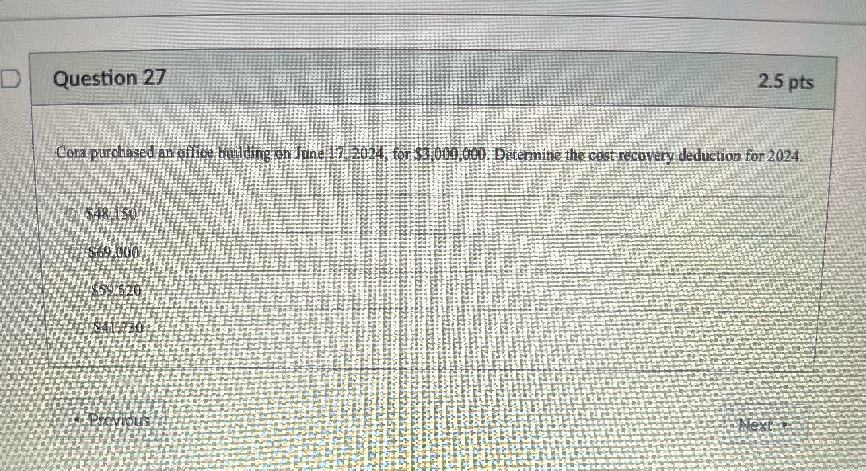 Question 2 7 2 . 5 pts Cora purchased an office