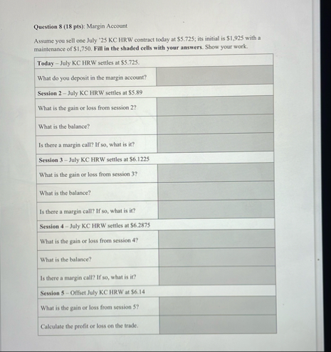 Question 9 ( 1 8 pts ) : Margin Account Assume